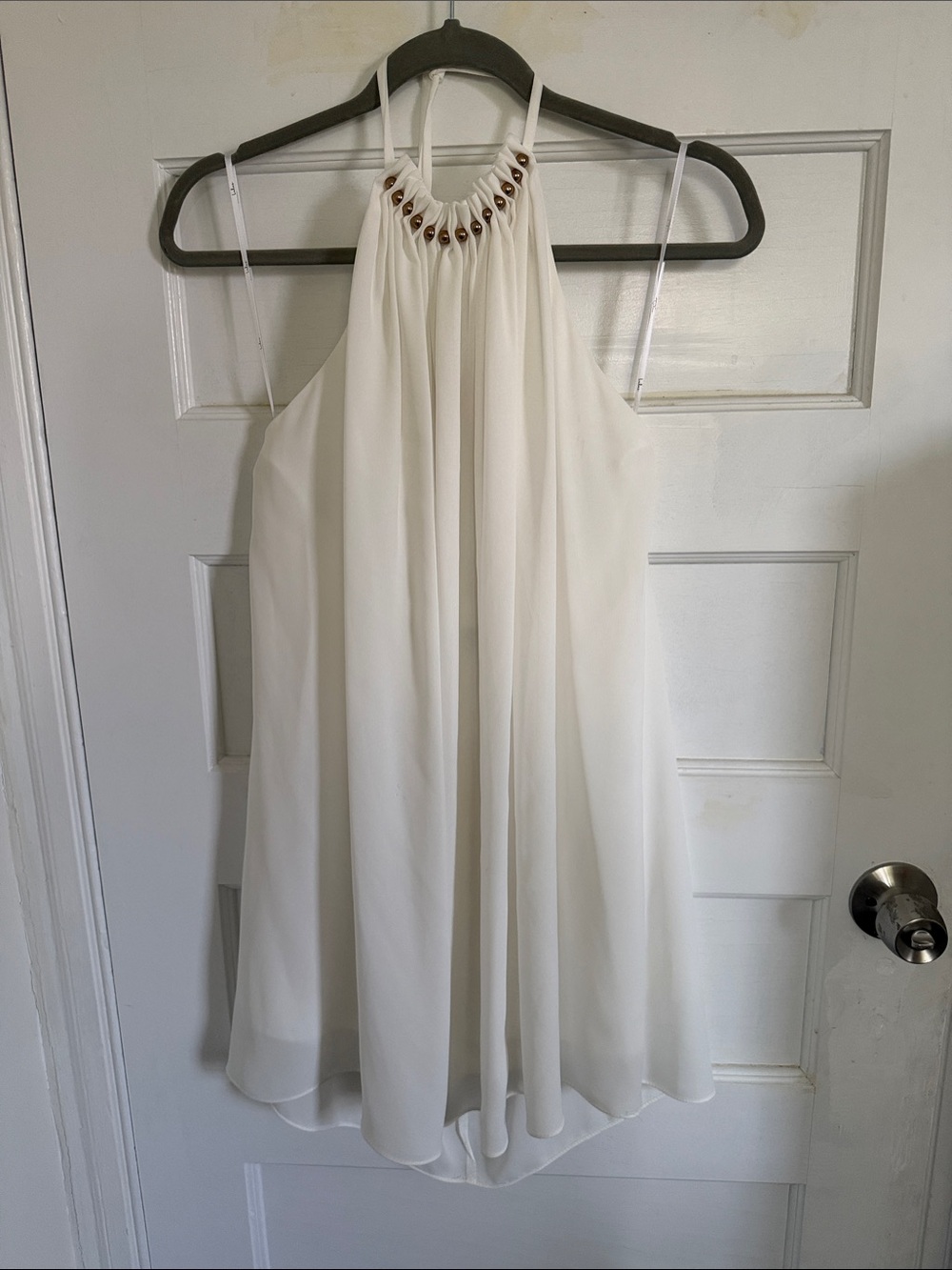 Lulu's Cream Backless Halter Dress with Beaded Neckline